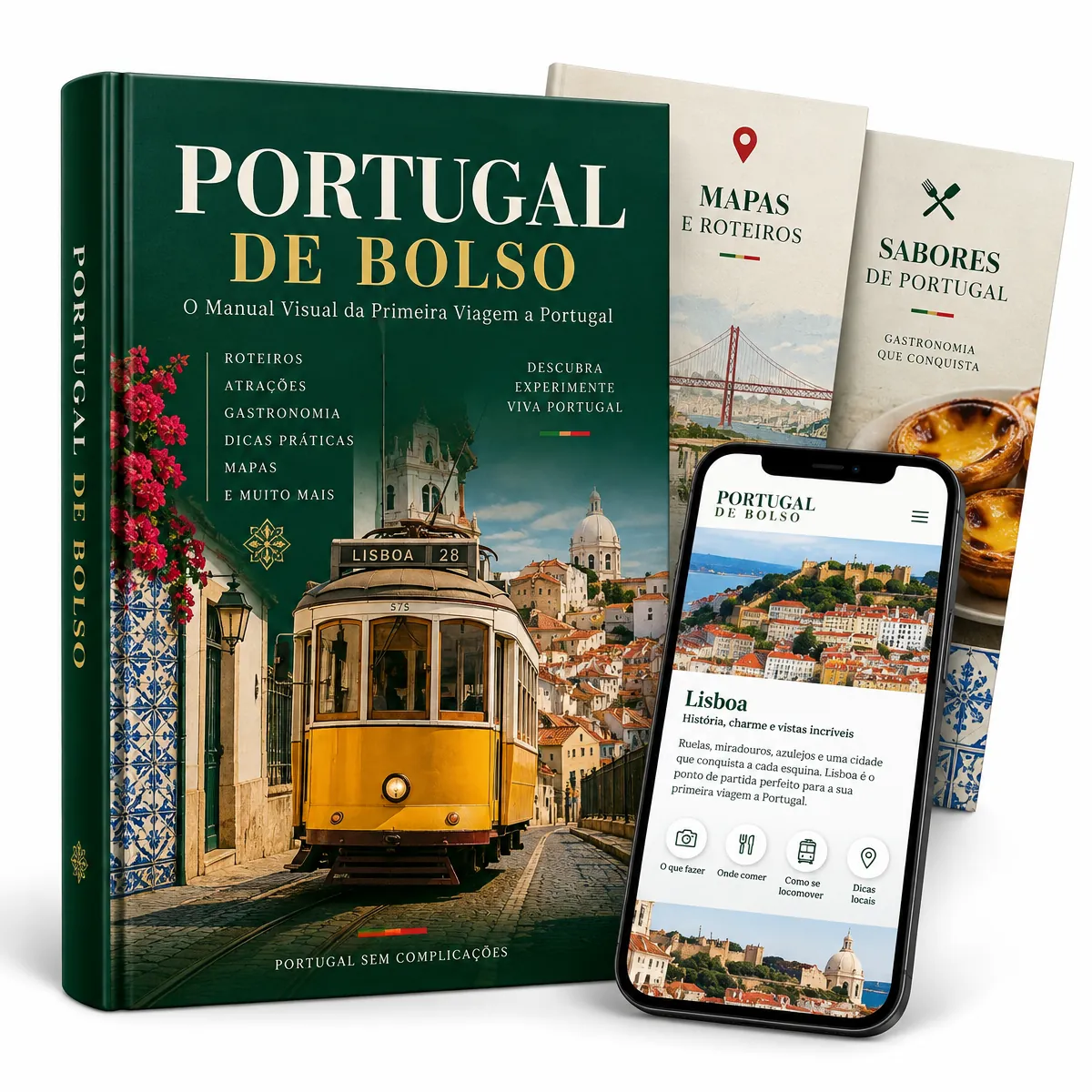 Manual digital Portugal de Bolso exibido em livro e celular